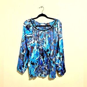 JOHN PAUL RICHARD BLUE BLACK GEOMETRIC PRINT TOP BLOUSE WOMEN'S L